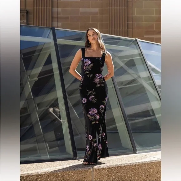 elliatt clio black purple 3d sequin flower embroidered velvet maxi gown dress XL - Picture 13 of 15